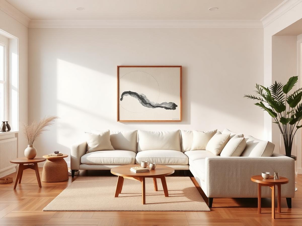 Warm minimal living room with abstract art