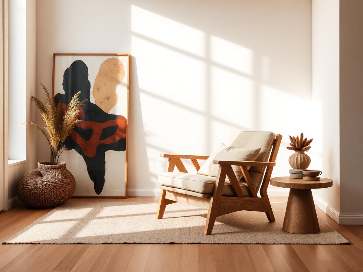 Light oak armchair in a sunlit room with abstract art